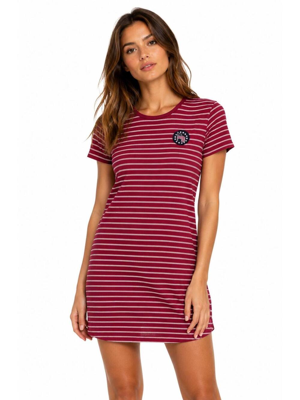 USA Flag Striped T-Shirt Dress Y2K Red White Crew Neck Short Sleeve Cotton Sz S